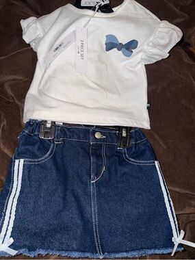 Girls Joe's Jeans White Top with Blue Bow & Dark Blue Denim Skort 2 t NWT